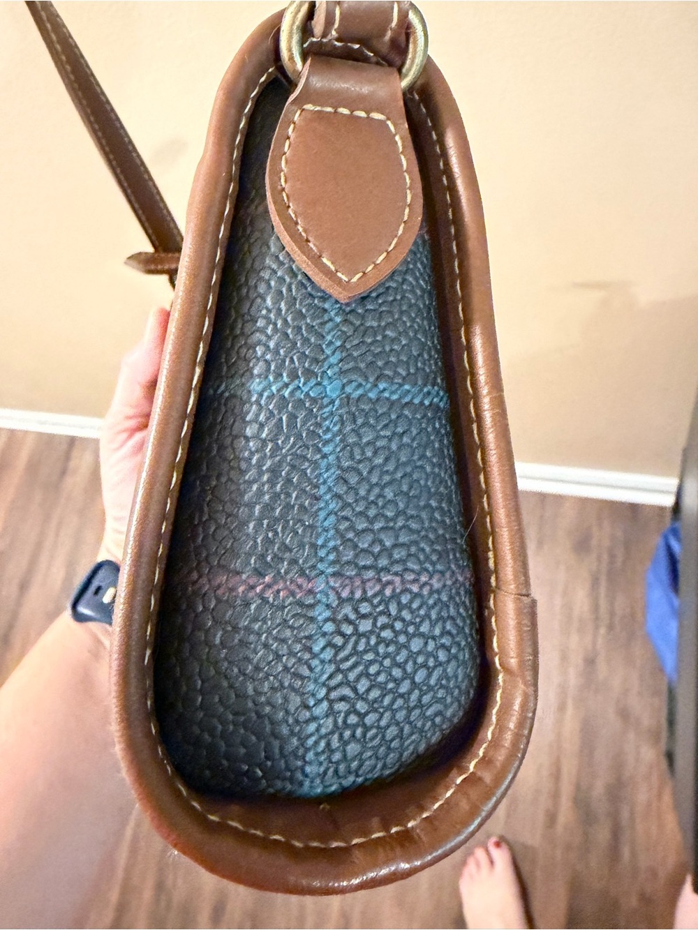 Esprit Navy Plaid Crossbody Bag with Brown Trim - Picture 6 of 10